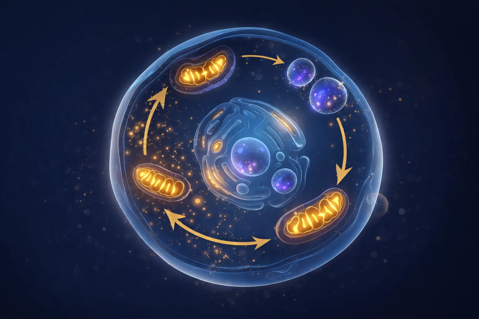 Stylized cell cross-section showing mitochondria, lysosomes, and lipofuscin deposits with gold arrows indicating autophagy clearance and mitochondrial renewal cycles