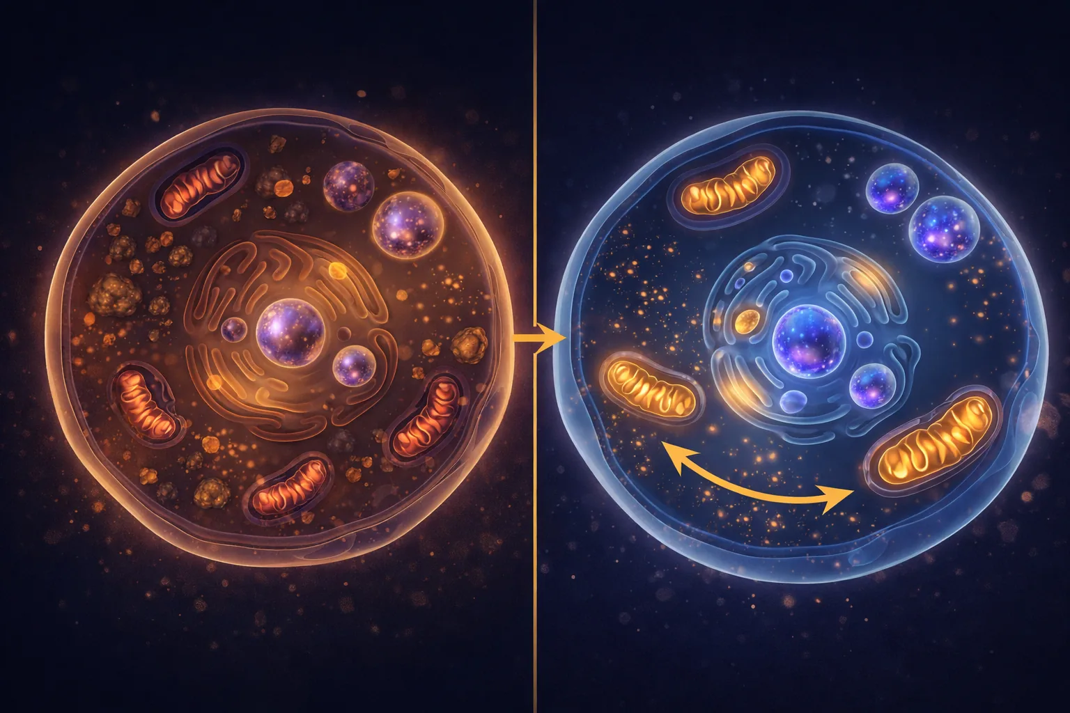 Side-by-side comparison of an aging cell filled with lipofuscin deposits versus a healthy cell with clean, functional organelles after cellular renewal