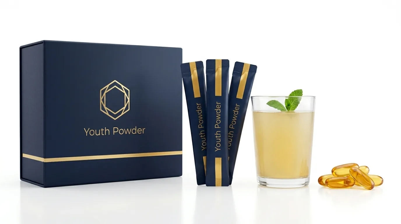 Youth Powder complete product lineup: box, stick packs, mixed drink, and softgel capsules