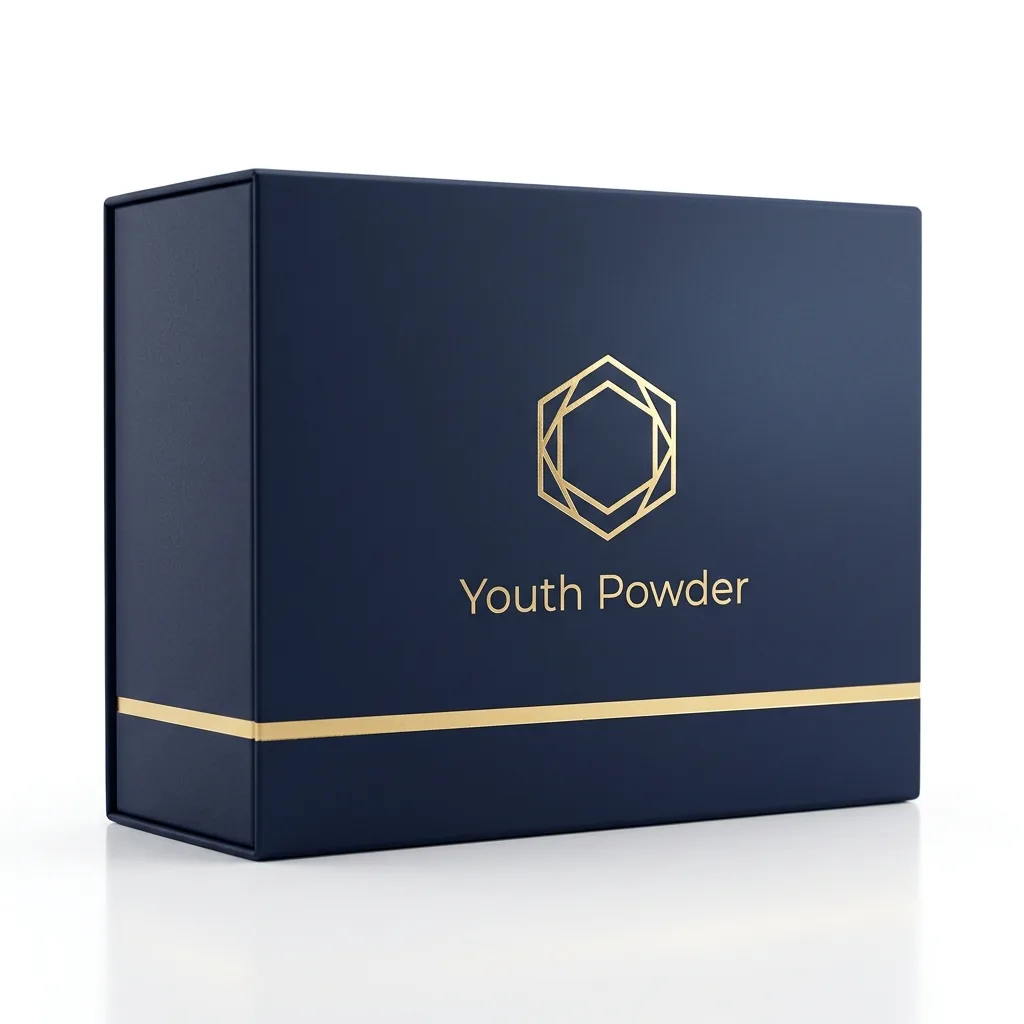 Youth Powder premium navy blue product box with gold hexagon logo and gold stripe accent