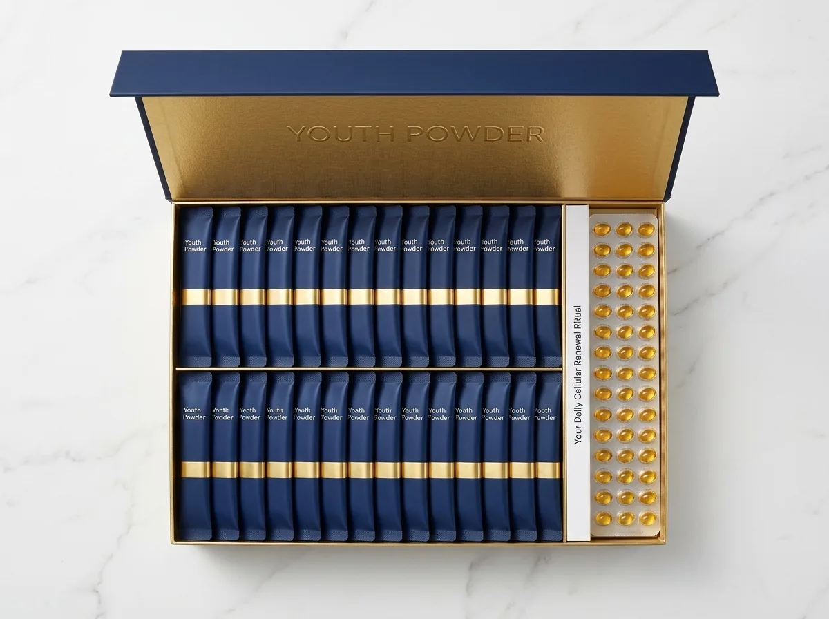 Open Youth Powder box showing 30 stick pack sachets arranged upright and softgel capsule blister tray