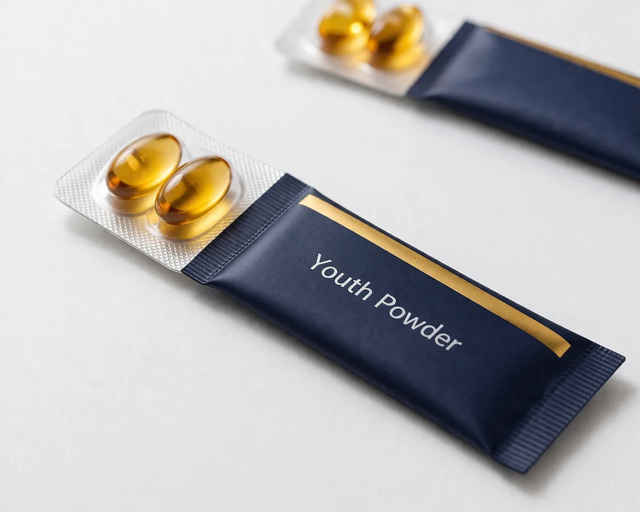 Single daily dose: one navy blue stick pack sachet with two amber-gold softgel capsules in blister pack