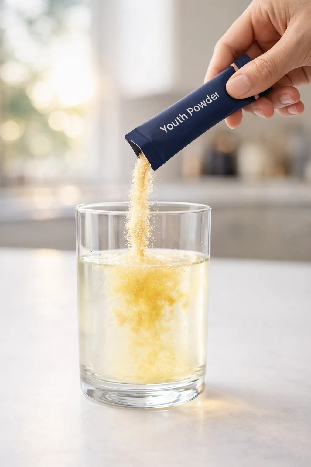 Golden powder being poured from a Youth Powder sachet into a glass of water