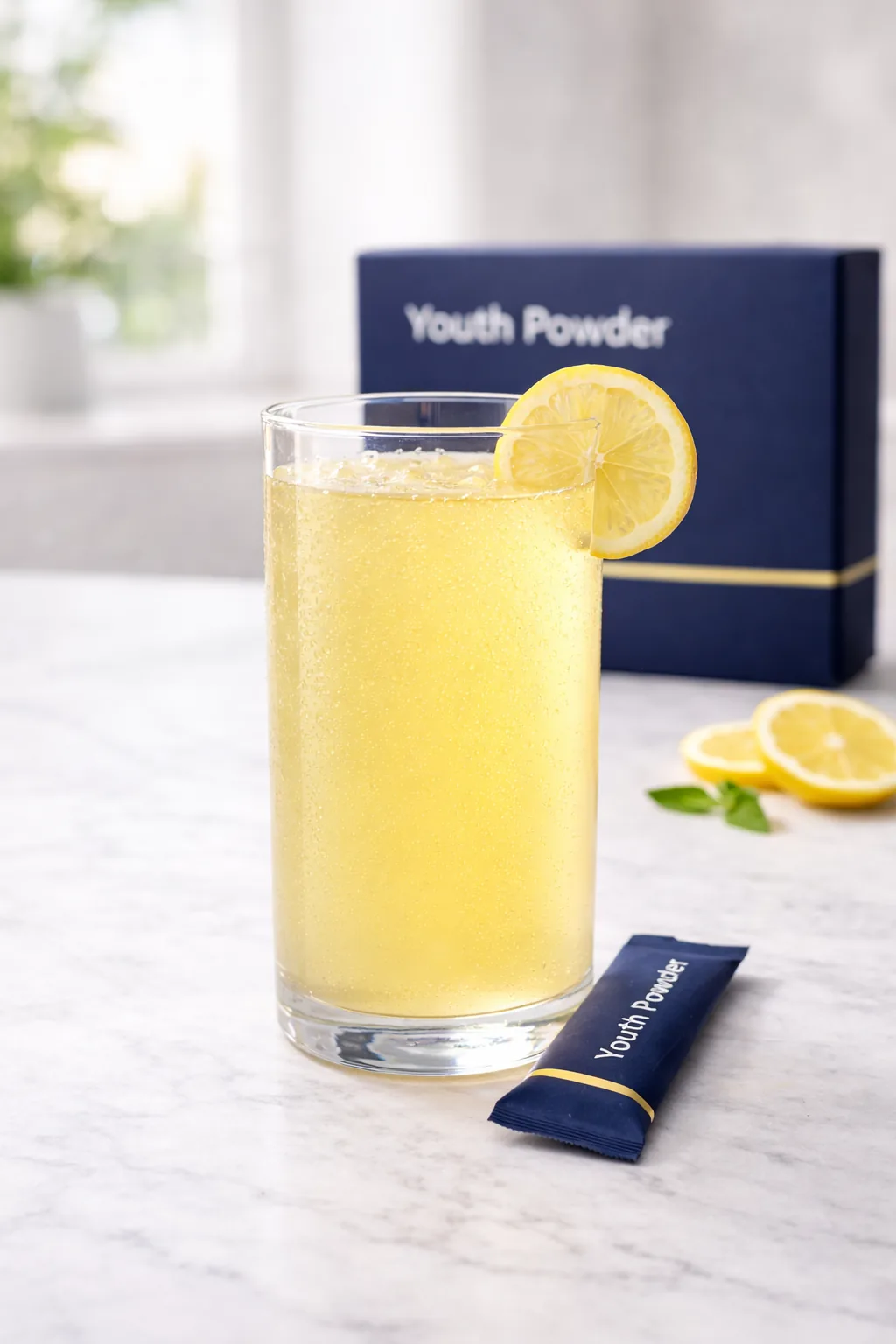 Clear glass of fully dissolved pale golden Youth Powder drink with lemon garnish
