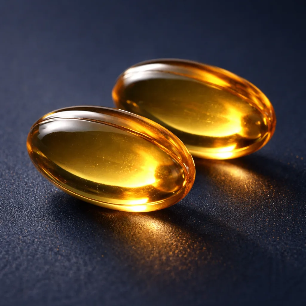 Macro close-up of two amber-gold translucent softgel capsules with warm backlit glow