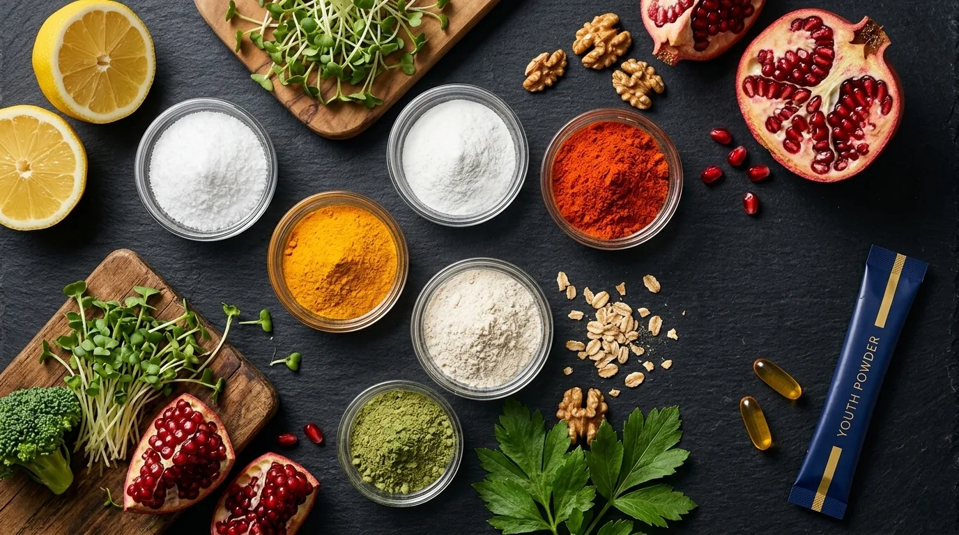 Overhead flat lay of raw supplement ingredients: glass bowls of glycine, taurine, vitamin C, astaxanthin, NMN, and Ashitaba powder, surrounded by fresh lemons, pomegranate, walnuts, broccoli sprouts, and wheat germ
