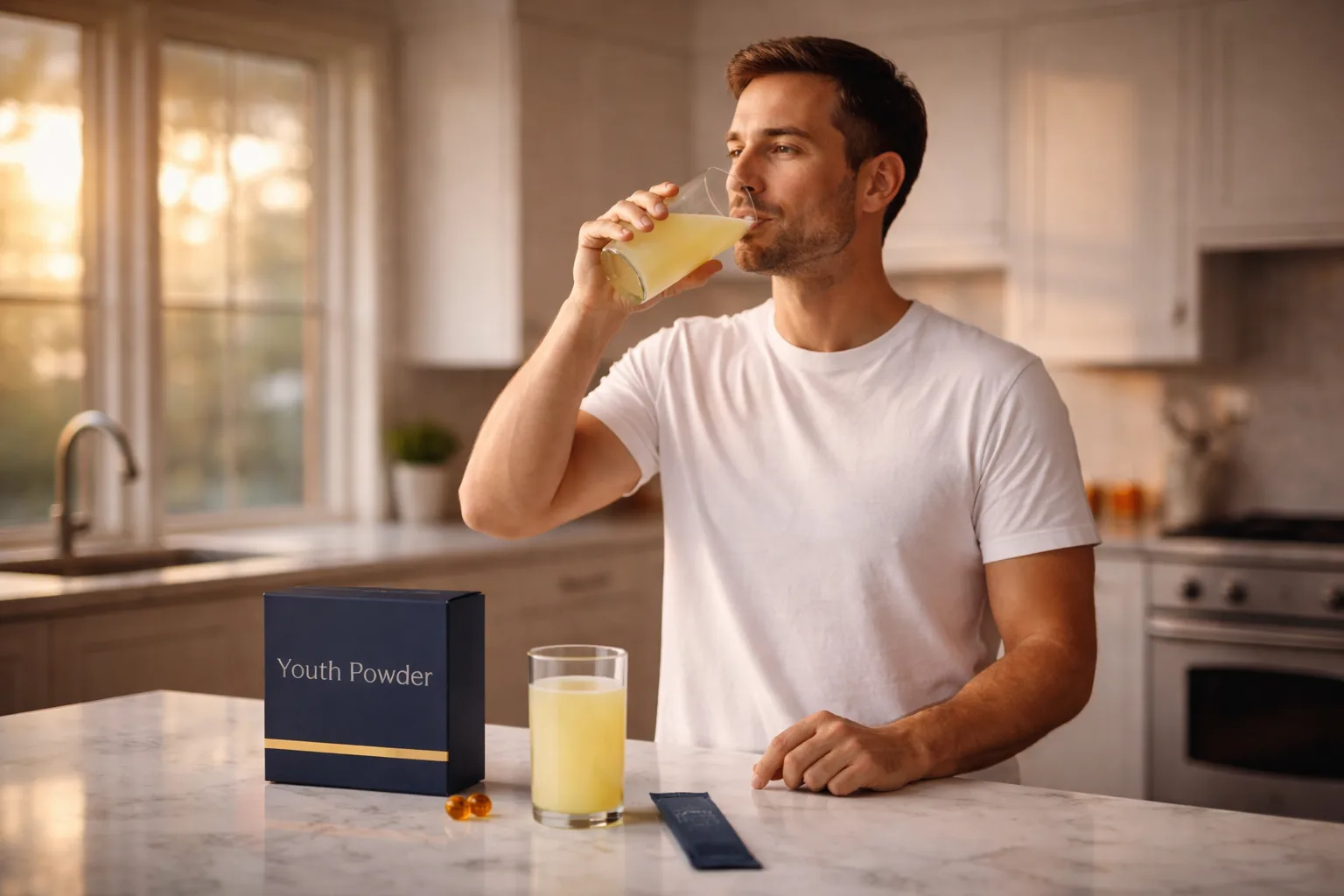 Fit man in his mid-30s drinking Youth Powder golden citrus drink in a modern kitchen during morning golden hour, with product box and stick pack sachets on marble countertop
